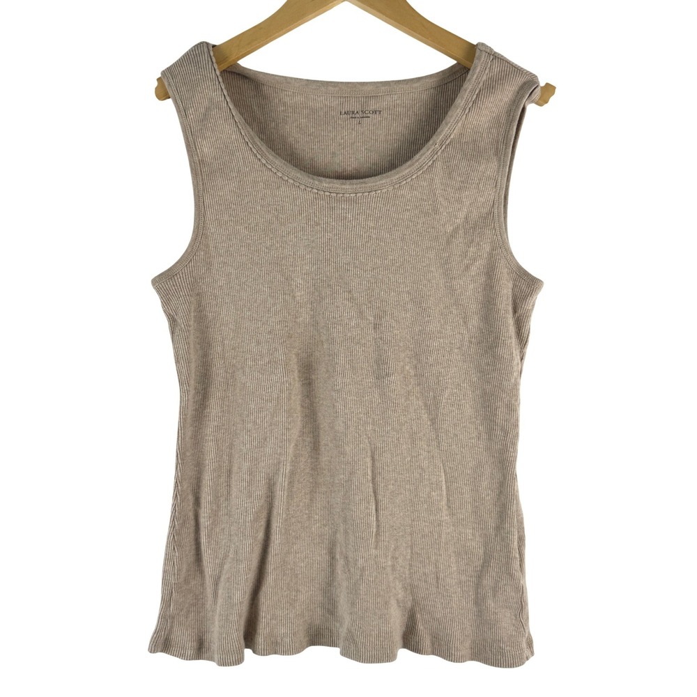 Laura Scott Womens Ribbed Knit Tank‎ Top Size L Beige Scalloped Basic Layering